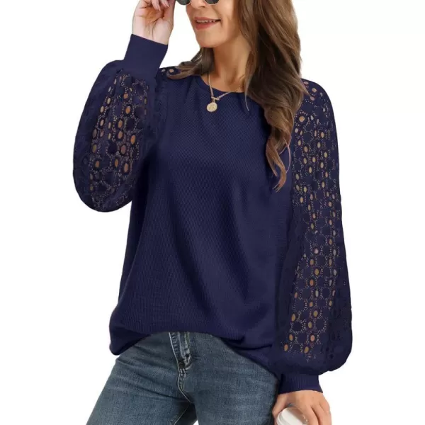 YESNO Women Trendy Blouses Casual Loose Knit Tops Pullover HollowOut Lace Long Sleeve Shirts TY3Ty3 Navy Blue