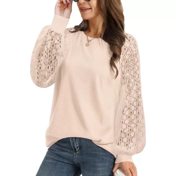 YESNO Women Trendy Blouses Casual Loose Knit Tops Pullover HollowOut Lace Long Sleeve Shirts TY3Ty3 Oatmeal