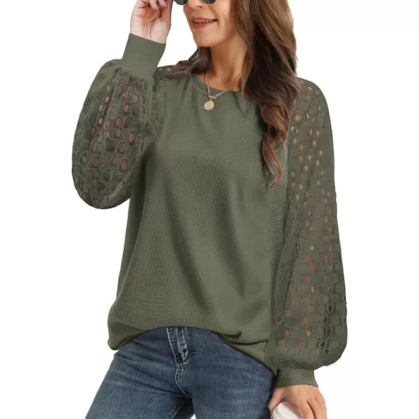 YESNO Women Trendy Blouses Casual Loose Knit Tops Pullover HollowOut Lace Long Sleeve Shirts TY3Ty3 Olive Green