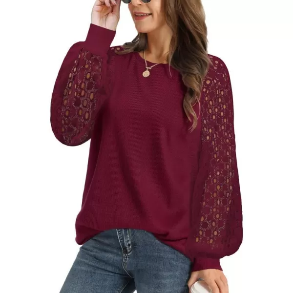 YESNO Women Trendy Blouses Casual Loose Knit Tops Pullover HollowOut Lace Long Sleeve Shirts TY3Ty3 Wine Red