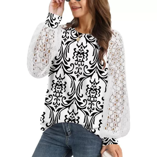 YESNO Women Trendy Blouses Casual Loose Knit Tops Pullover HollowOut Lace Long Sleeve Shirts TY3V1white Black