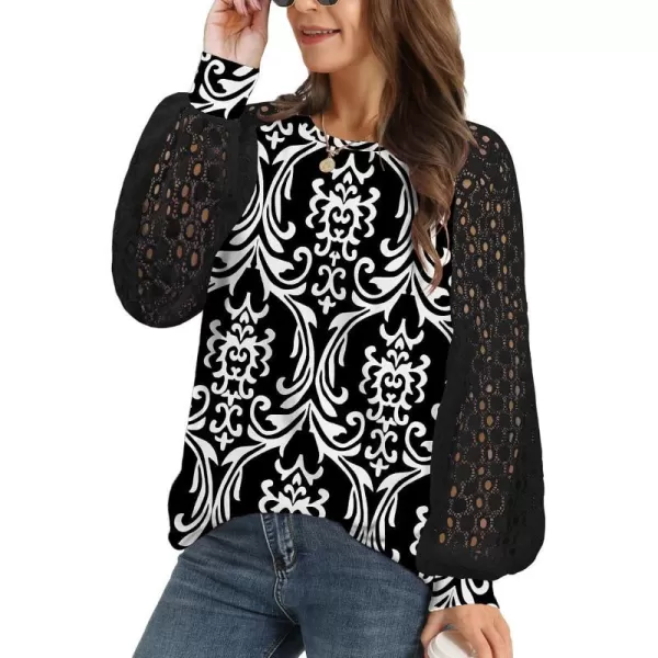 YESNO Women Trendy Blouses Casual Loose Knit Tops Pullover HollowOut Lace Long Sleeve Shirts TY3V2black White