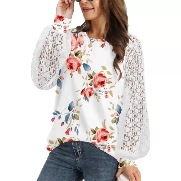 YESNO Women Trendy Blouses Casual Loose Knit Tops Pullover HollowOut Lace Long Sleeve Shirts TY3V3 Rose White