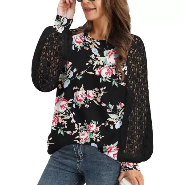 YESNO Women Trendy Blouses Casual Loose Knit Tops Pullover HollowOut Lace Long Sleeve Shirts TY3V4rose Black