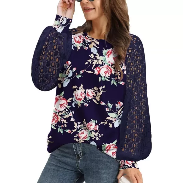 YESNO Women Trendy Blouses Casual Loose Knit Tops Pullover HollowOut Lace Long Sleeve Shirts TY3V5rose Navy