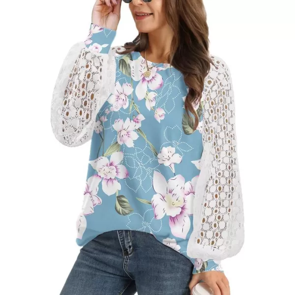 YESNO Women Trendy Blouses Casual Loose Knit Tops Pullover HollowOut Lace Long Sleeve Shirts TY3V6flower Blue