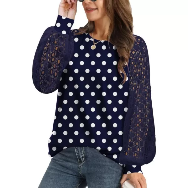 YESNO Women Trendy Blouses Casual Loose Knit Tops Pullover HollowOut Lace Long Sleeve Shirts TY3V7navy Blue Dots