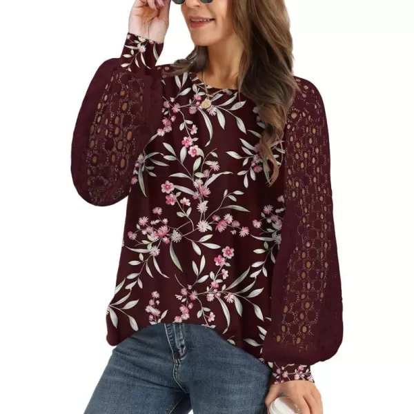 YESNO Women Trendy Blouses Casual Loose Knit Tops Pullover HollowOut Lace Long Sleeve Shirts TY3V8grass Wine