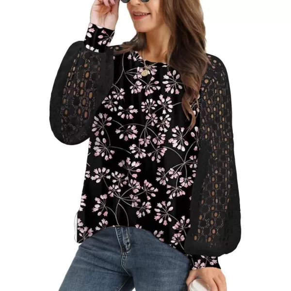 YESNO Women Trendy Blouses Casual Loose Knit Tops Pullover HollowOut Lace Long Sleeve Shirts TY3V9flower Black