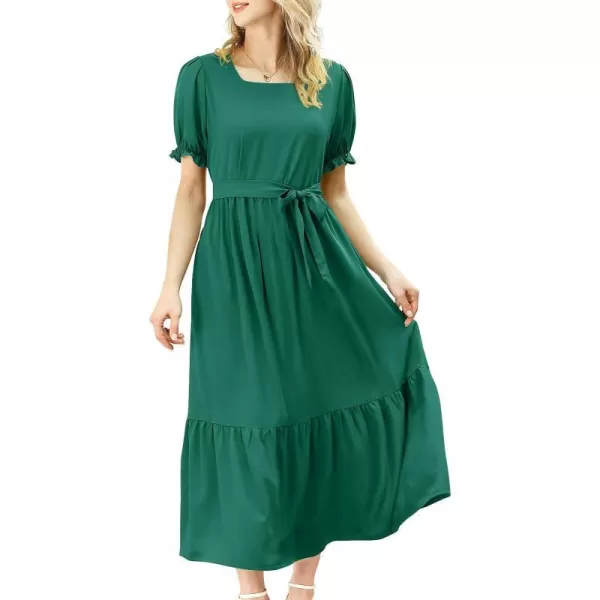 YESNO Womens 2023 Summer Casual Square Neck Floral Dress Ruffle Puff Short Sleeve Belted Maxi Dress with Pockets E16Dark Green