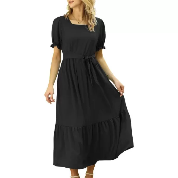 YESNO Womens 2023 Summer Casual Square Neck Floral Dress Ruffle Puff Short Sleeve Belted Maxi Dress with Pockets E16E16 Black