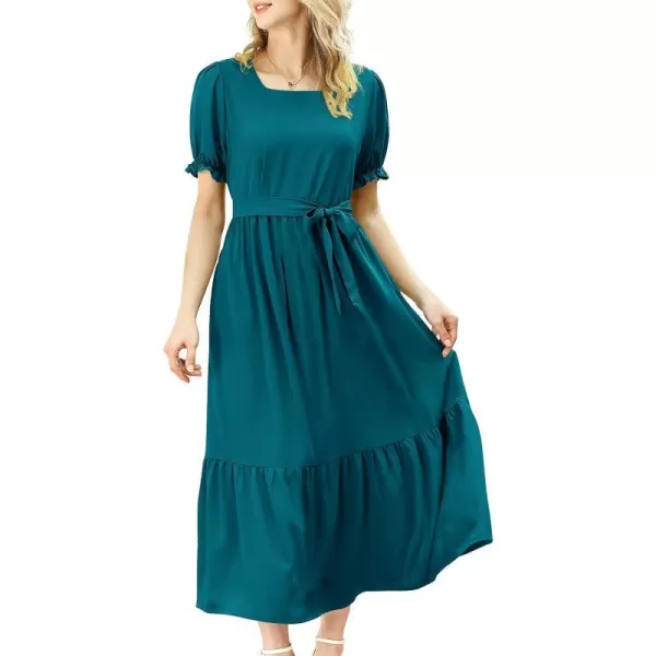 YESNO Womens 2023 Summer Casual Square Neck Floral Dress Ruffle Puff Short Sleeve Belted Maxi Dress with Pockets E16E16 Dark Cyan