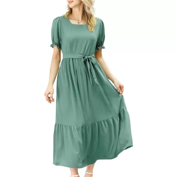 YESNO Womens 2023 Summer Casual Square Neck Floral Dress Ruffle Puff Short Sleeve Belted Maxi Dress with Pockets E16E16 Pea Green