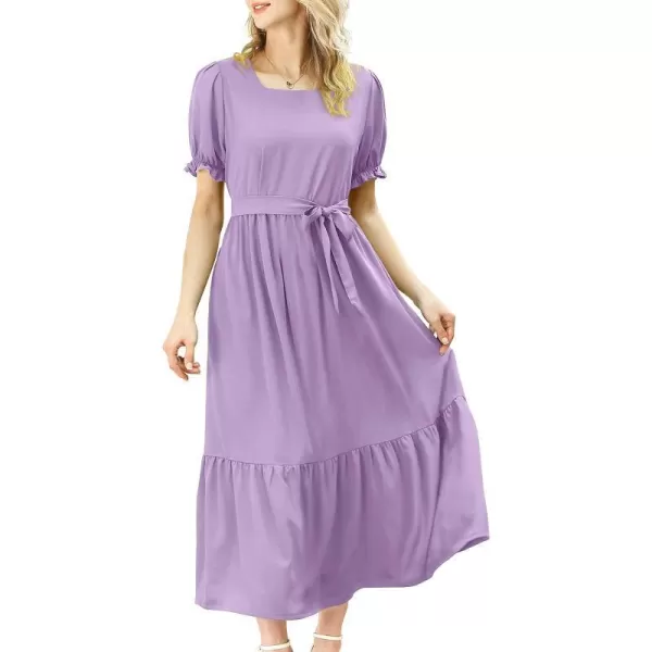 YESNO Womens 2023 Summer Casual Square Neck Floral Dress Ruffle Puff Short Sleeve Belted Maxi Dress with Pockets E16E16 Purple