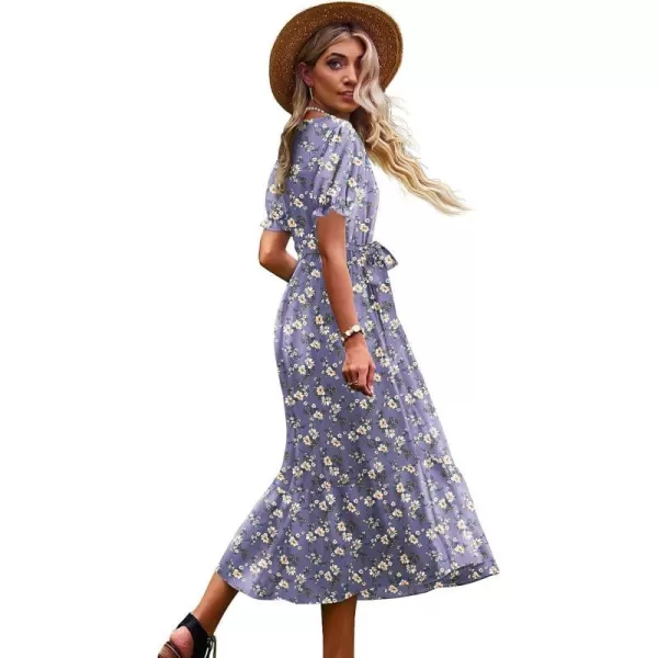 YESNO Womens 2023 Summer Casual Square Neck Floral Dress Ruffle Puff Short Sleeve Belted Maxi Dress with Pockets E16E16 as Picture08