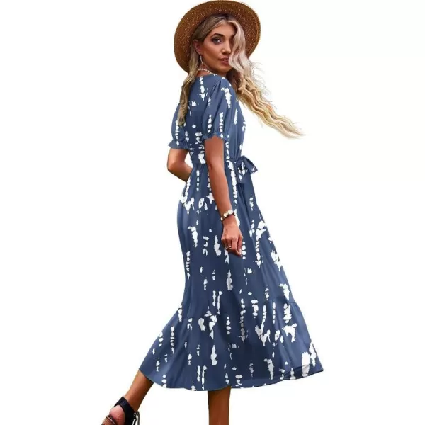 YESNO Womens 2023 Summer Casual Square Neck Floral Dress Ruffle Puff Short Sleeve Belted Maxi Dress with Pockets E16E16 as Picture147