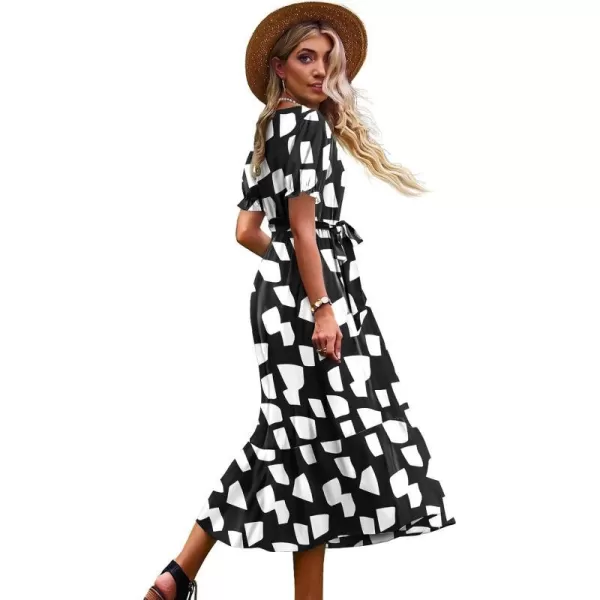 YESNO Womens 2023 Summer Casual Square Neck Floral Dress Ruffle Puff Short Sleeve Belted Maxi Dress with Pockets E16E16 as Picture162