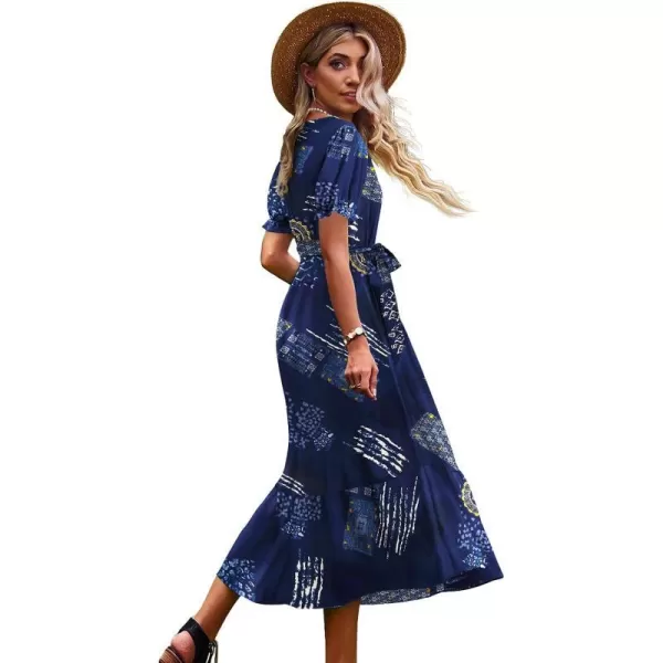 YESNO Womens 2023 Summer Casual Square Neck Floral Dress Ruffle Puff Short Sleeve Belted Maxi Dress with Pockets E16E16 as Picture176