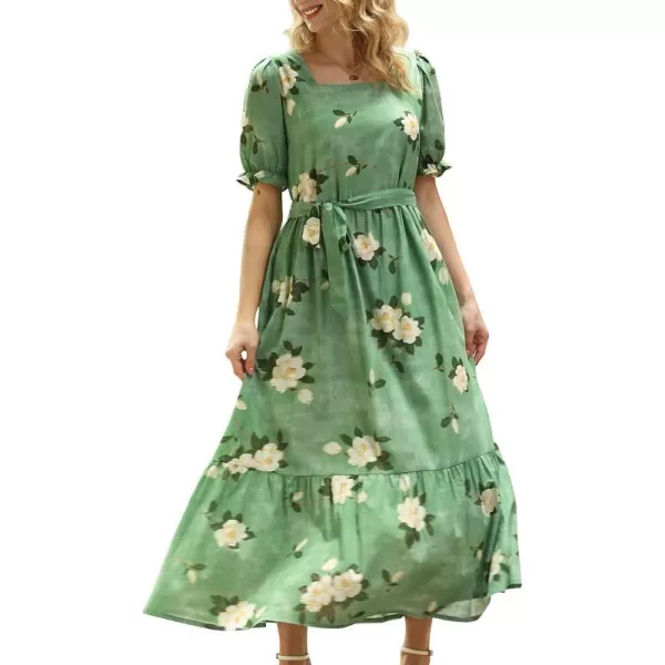 YESNO Womens 2023 Summer Casual Square Neck Floral Dress Ruffle Puff Short Sleeve Belted Maxi Dress with Pockets E16E16 as Picture19