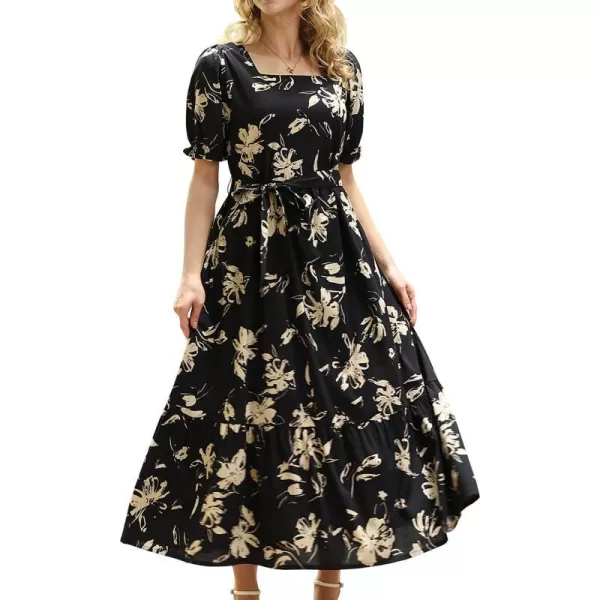 YESNO Womens 2023 Summer Casual Square Neck Floral Dress Ruffle Puff Short Sleeve Belted Maxi Dress with Pockets E16E16 as Picture346