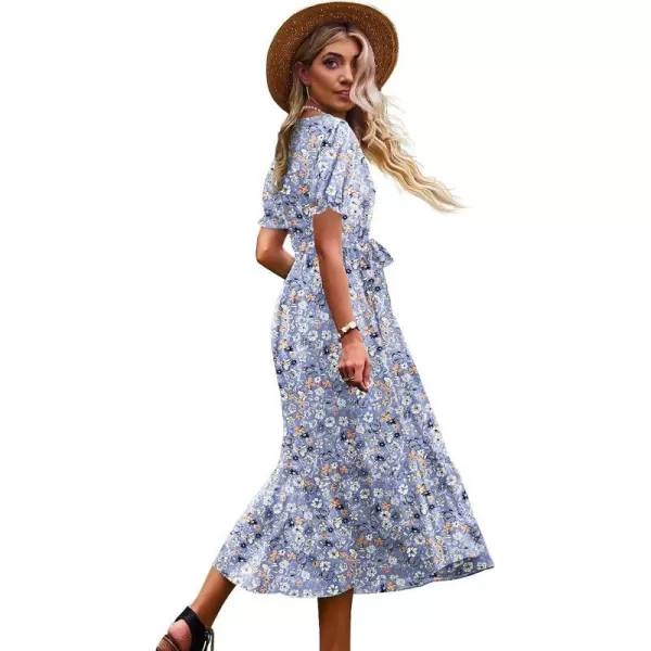 YESNO Womens 2023 Summer Casual Square Neck Floral Dress Ruffle Puff Short Sleeve Belted Maxi Dress with Pockets E16E16 as Picture347