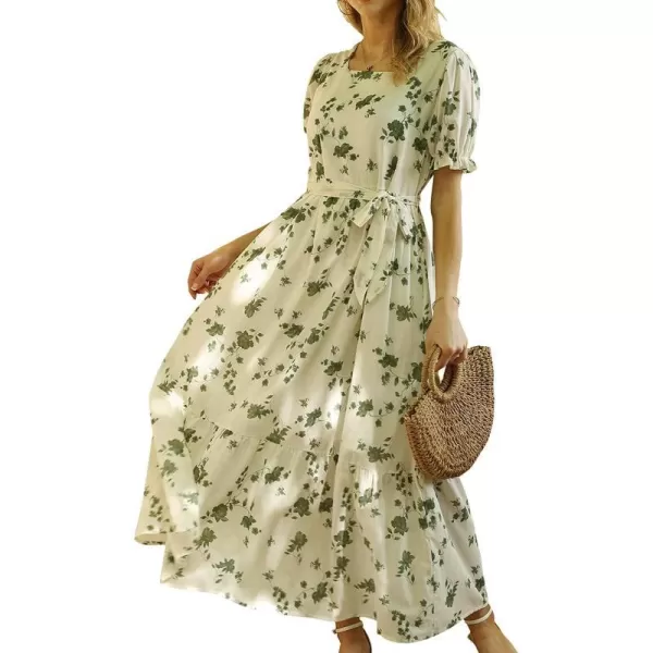 YESNO Womens 2023 Summer Casual Square Neck Floral Dress Ruffle Puff Short Sleeve Belted Maxi Dress with Pockets E16E16 as Picture355