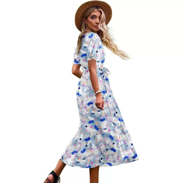 YESNO Womens 2023 Summer Casual Square Neck Floral Dress Ruffle Puff Short Sleeve Belted Maxi Dress with Pockets E16E16 as Picture357