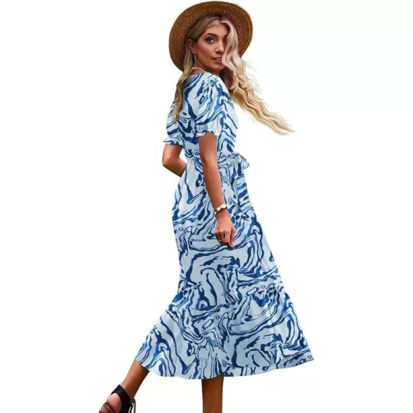 YESNO Womens 2023 Summer Casual Square Neck Floral Dress Ruffle Puff Short Sleeve Belted Maxi Dress with Pockets E16E16 as Picture369