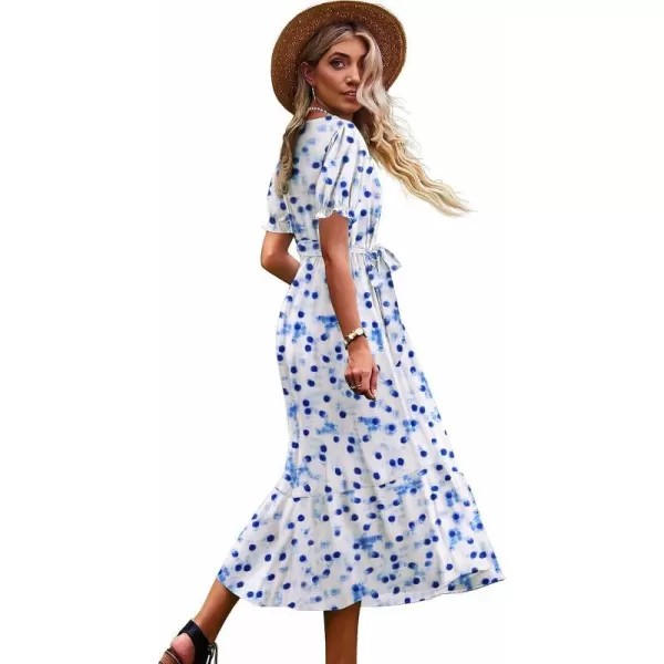 YESNO Womens 2023 Summer Casual Square Neck Floral Dress Ruffle Puff Short Sleeve Belted Maxi Dress with Pockets E16E16 as Picture371