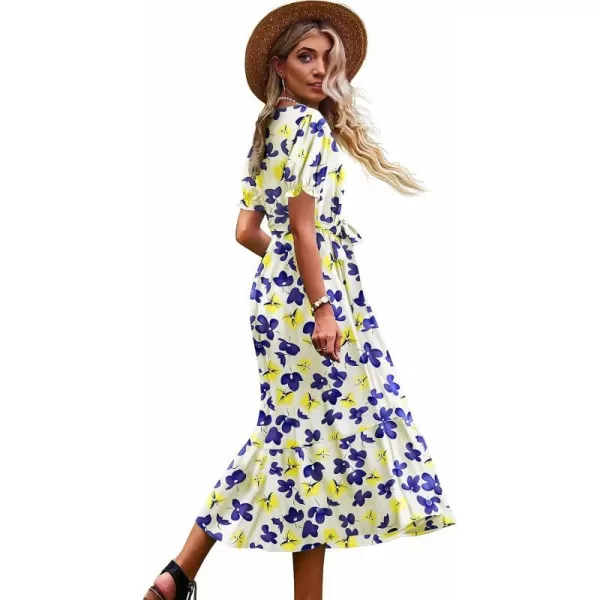 YESNO Womens 2023 Summer Casual Square Neck Floral Dress Ruffle Puff Short Sleeve Belted Maxi Dress with Pockets E16E16 as Picture375