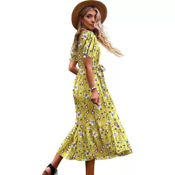 YESNO Womens 2023 Summer Casual Square Neck Floral Dress Ruffle Puff Short Sleeve Belted Maxi Dress with Pockets E16E16 as Picture389