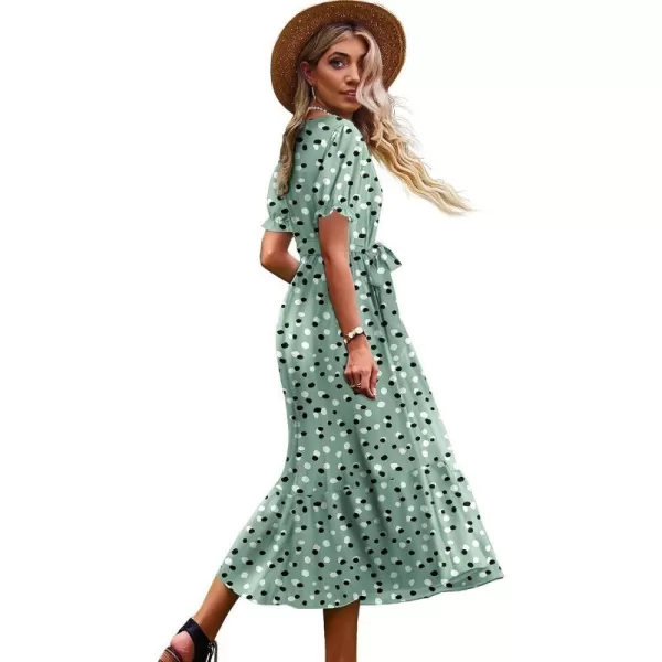 YESNO Womens 2023 Summer Casual Square Neck Floral Dress Ruffle Puff Short Sleeve Belted Maxi Dress with Pockets E16E16 as Picture394