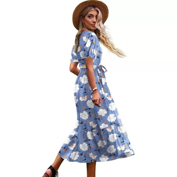 YESNO Womens 2023 Summer Casual Square Neck Floral Dress Ruffle Puff Short Sleeve Belted Maxi Dress with Pockets E16E16 as Picture395