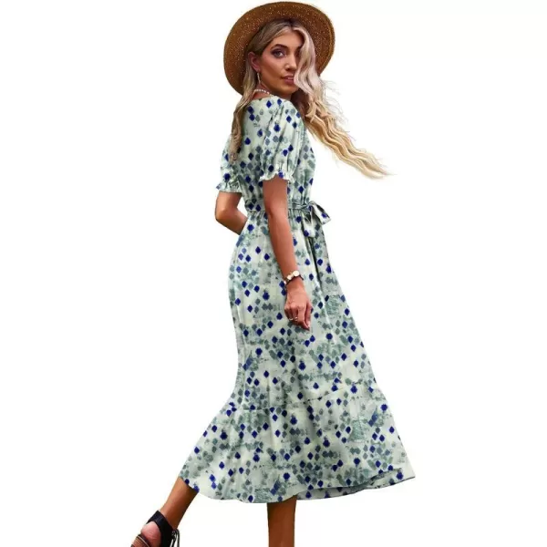 YESNO Womens 2023 Summer Casual Square Neck Floral Dress Ruffle Puff Short Sleeve Belted Maxi Dress with Pockets E16E16 as Picture397