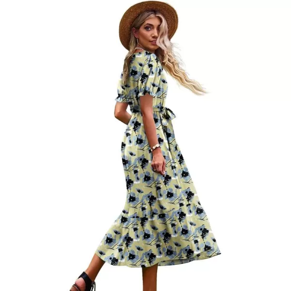 YESNO Womens 2023 Summer Casual Square Neck Floral Dress Ruffle Puff Short Sleeve Belted Maxi Dress with Pockets E16E16 as Picture398