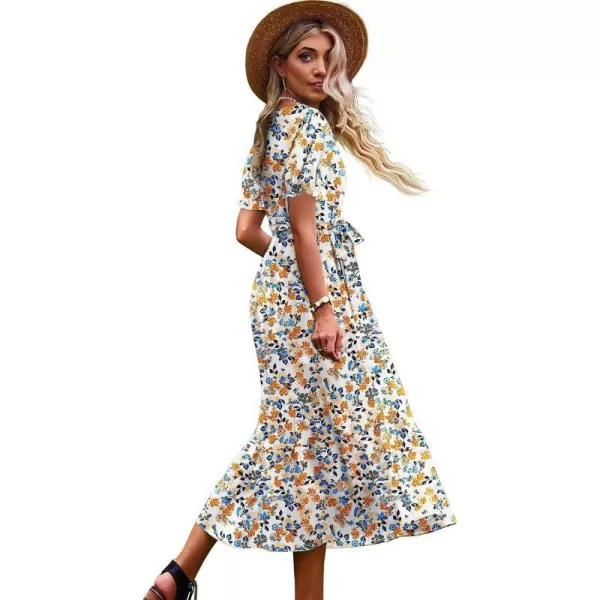 YESNO Womens 2023 Summer Casual Square Neck Floral Dress Ruffle Puff Short Sleeve Belted Maxi Dress with Pockets E16Floral 377