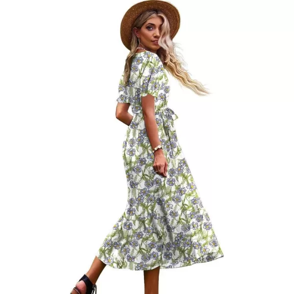 YESNO Womens 2023 Summer Casual Square Neck Floral Dress Ruffle Puff Short Sleeve Belted Maxi Dress with Pockets E16Floral 390