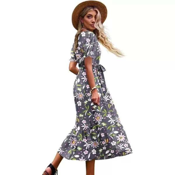 YESNO Womens 2023 Summer Casual Square Neck Floral Dress Ruffle Puff Short Sleeve Belted Maxi Dress with Pockets E16Floral 401