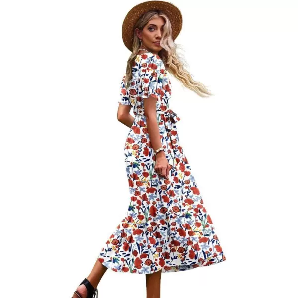 YESNO Womens 2023 Summer Casual Square Neck Floral Dress Ruffle Puff Short Sleeve Belted Maxi Dress with Pockets E16Floral 410