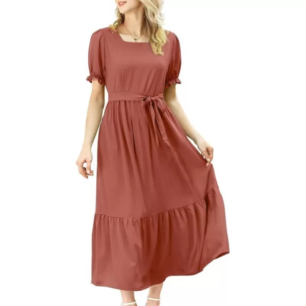 YESNO Womens 2023 Summer Casual Square Neck Floral Dress Ruffle Puff Short Sleeve Belted Maxi Dress with Pockets E16Rust