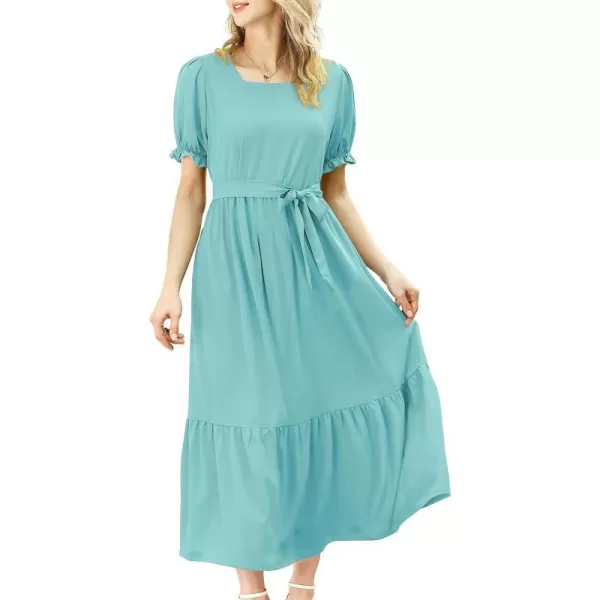 YESNO Womens 2023 Summer Casual Square Neck Floral Dress Ruffle Puff Short Sleeve Belted Maxi Dress with Pockets E16Turquoise