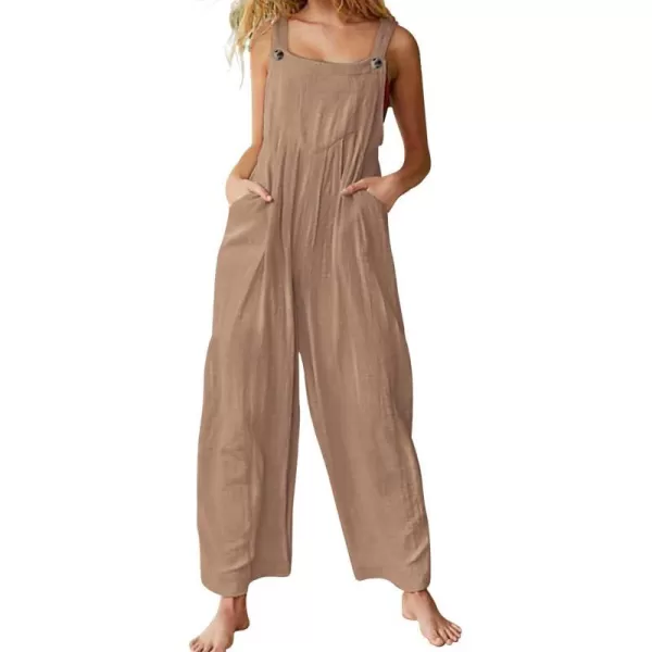 YESNO Womens Overalls Casual Loose Bib Pants Adjustable Straps Wide Leg Jumpsuits with Pockets PQ2Camel