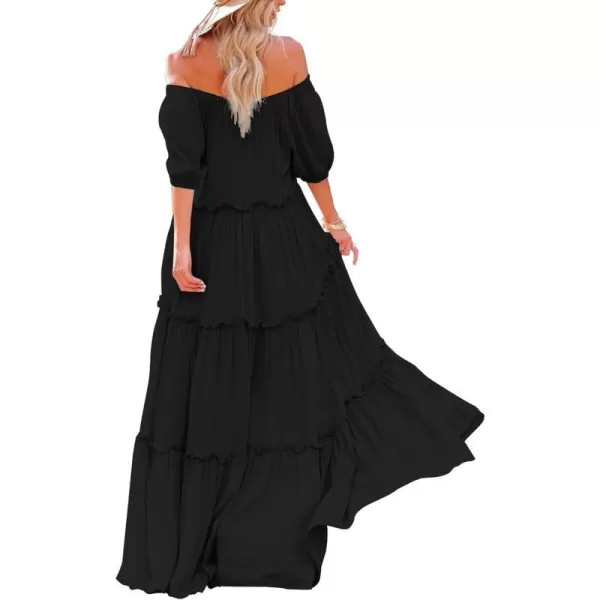 YESNO Womens Summer Casual Off Shoulder Maxi Dress Puff Short Sleeve Bohemian Floral Long Swing Dress E06E06 Black