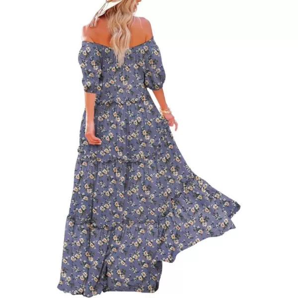 YESNO Womens Summer Casual Off Shoulder Maxi Dress Puff Short Sleeve Bohemian Floral Long Swing Dress E06E06 as Picture08