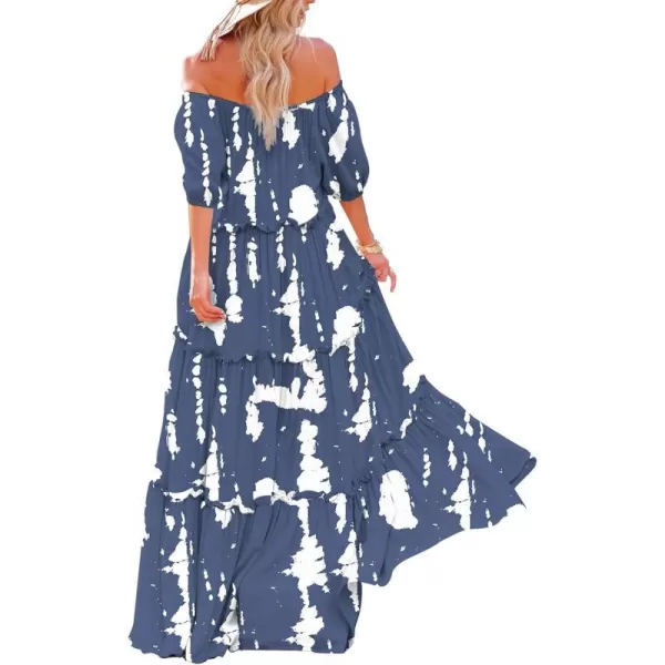 YESNO Womens Summer Casual Off Shoulder Maxi Dress Puff Short Sleeve Bohemian Floral Long Swing Dress E06E06 as Picture147