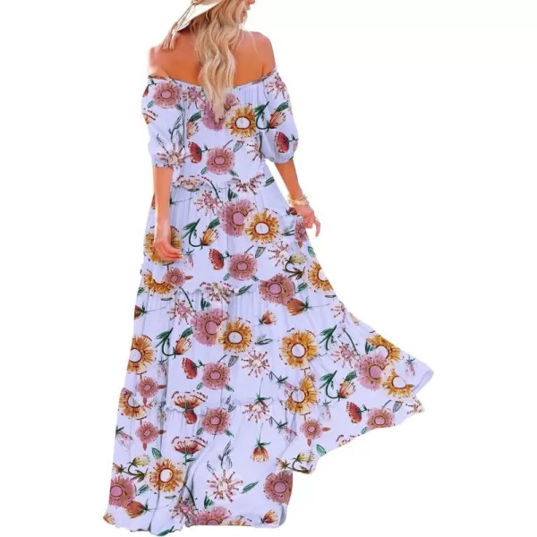 YESNO Womens Summer Casual Off Shoulder Maxi Dress Puff Short Sleeve Bohemian Floral Long Swing Dress E06E06 as Picture311