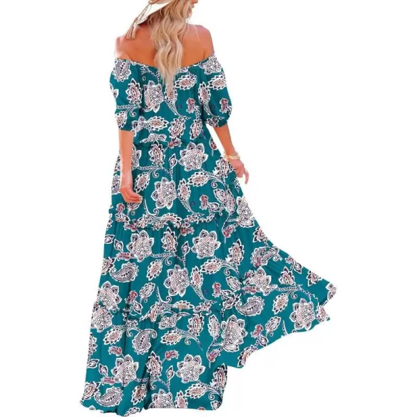 YESNO Womens Summer Casual Off Shoulder Maxi Dress Puff Short Sleeve Bohemian Floral Long Swing Dress E06E06 as Picture336