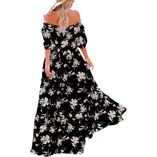 YESNO Womens Summer Casual Off Shoulder Maxi Dress Puff Short Sleeve Bohemian Floral Long Swing Dress E06E06 as Picture346