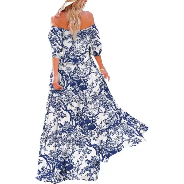 YESNO Womens Summer Casual Off Shoulder Maxi Dress Puff Short Sleeve Bohemian Floral Long Swing Dress E06E06 as Picture348