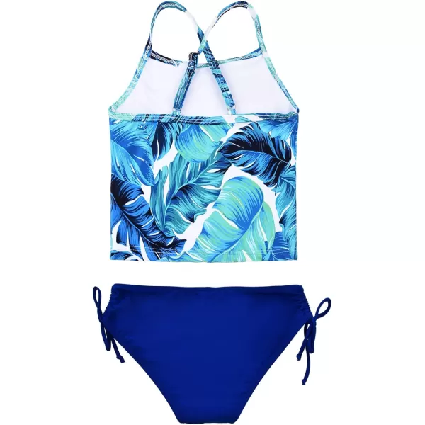 JerrisApparel Girl Tropical Leaf Swimsuit Tankini Swim Set Two Pieces Bathing SuitBlue